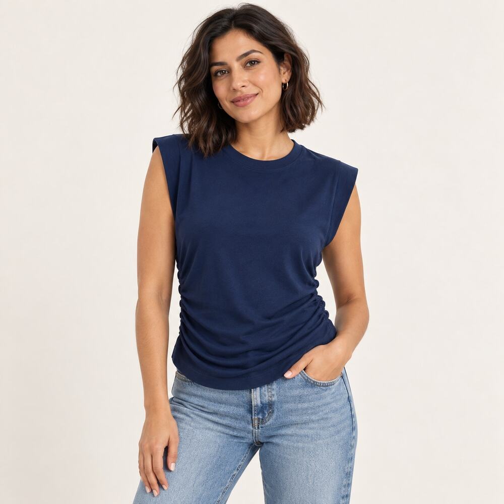 Madewell Muscle Tee WMNS XXS Navy Ruched Side Sleeveless Fitted 90s Minimalist
